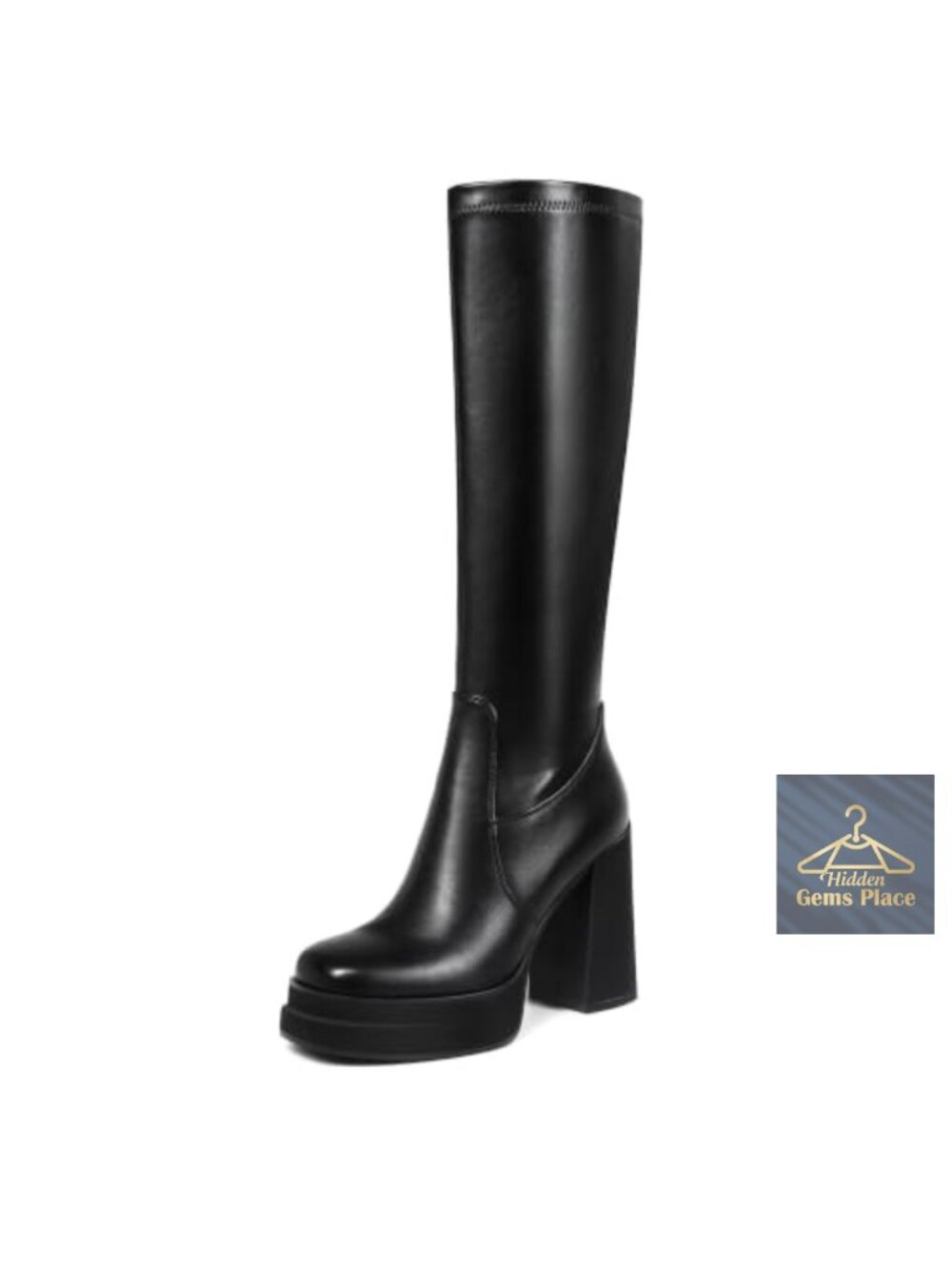 Women's Knee High Boots Chunky Heel Platform Round Toe Zip Faux Leather